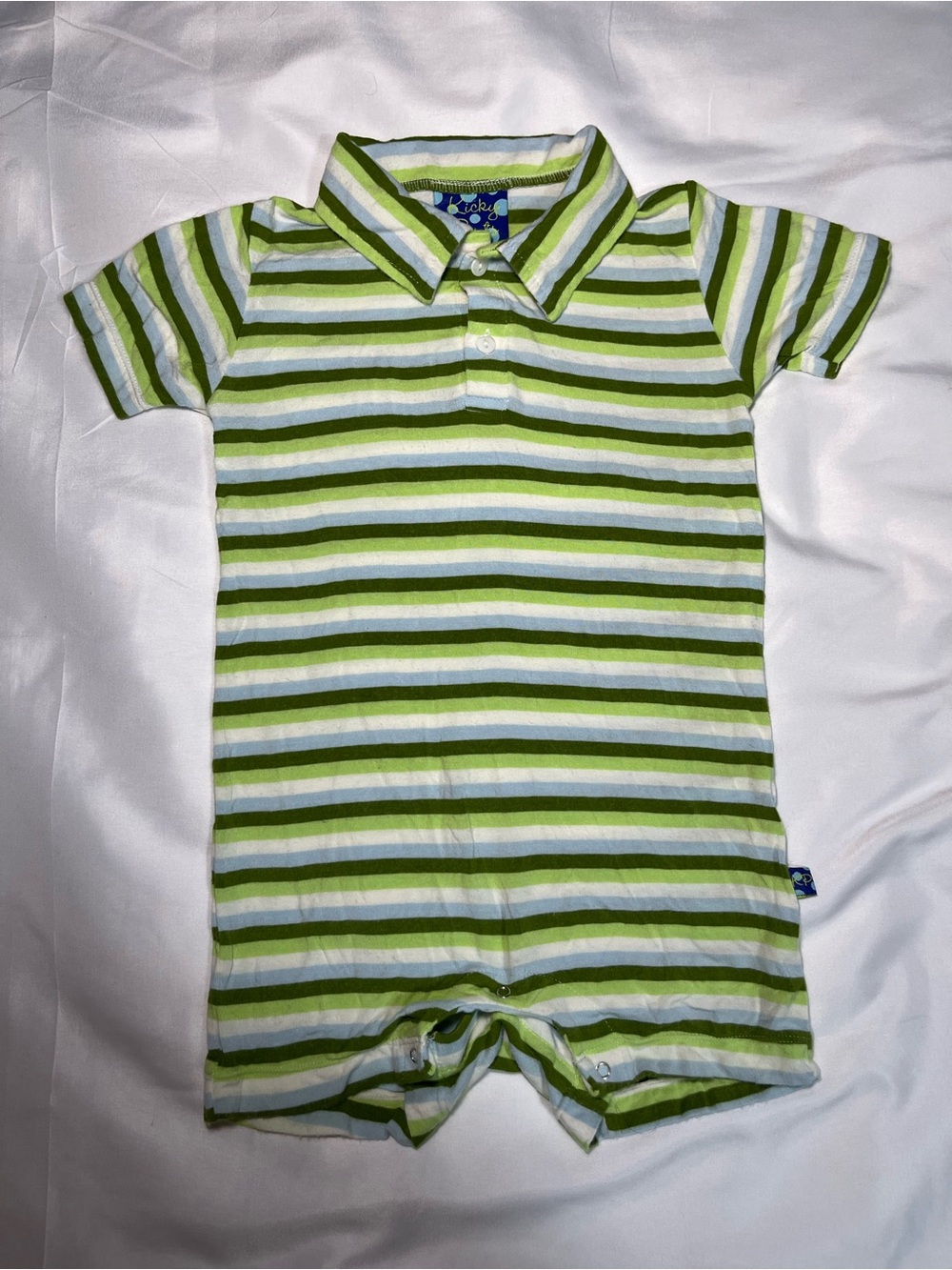 Kickee Pants Boys Polo Romper 12-18M Blue‎ Green Stripe Bamboo Short Sleeve
